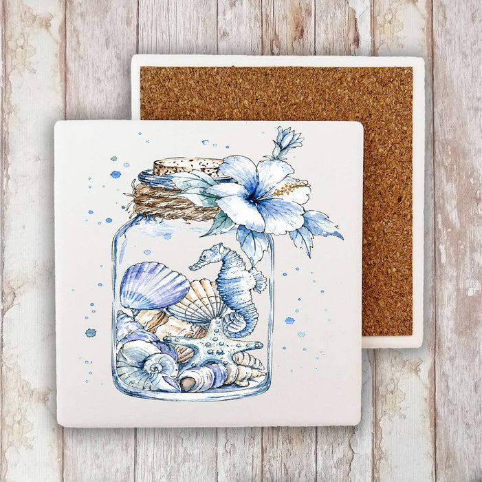 Coastal Blue Sea Shells in a Jar Stone Coaster