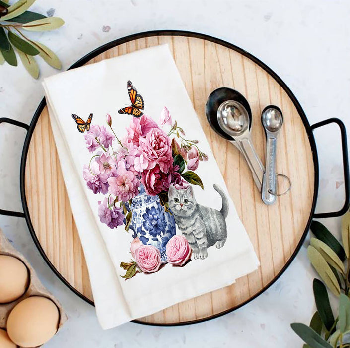 Grey Kitten Flowers Vase Butterflies Flour Sack Tea Towel