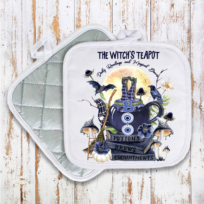 Halloween Witch's Teapot Brews Pot Holder Oven Mitt