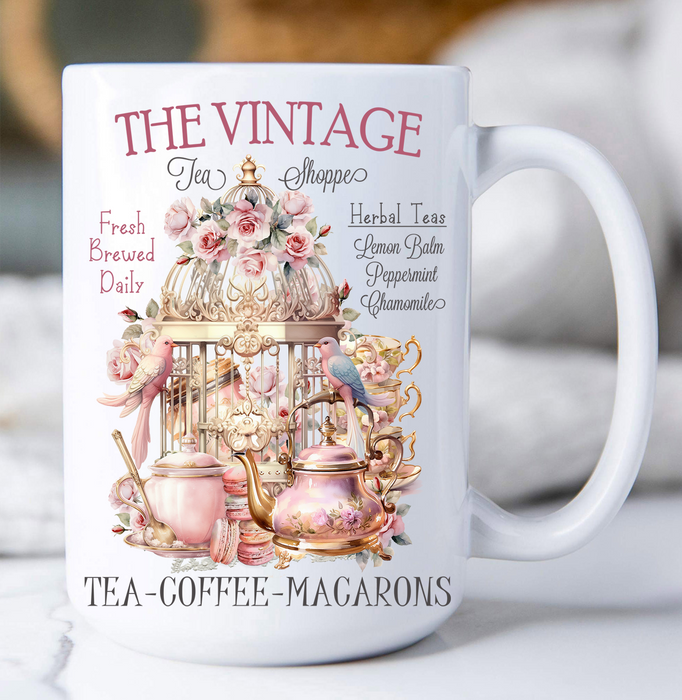 Pink Vintage Tea Shoppe Birds Coffee Mug