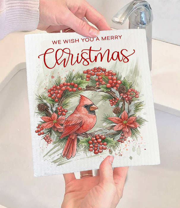 Christmas red Cardinak Wreath Swedish Dishcloth