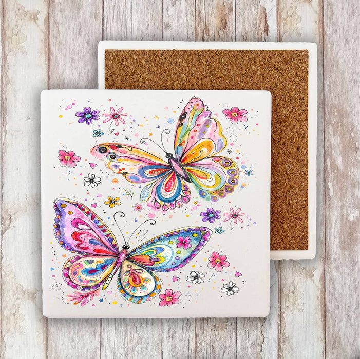 Whimsical Colorful Butterflies Stone Coaster