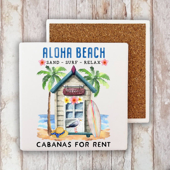 Aloha Beach Cabanas Ocean Surf Stone Coaster