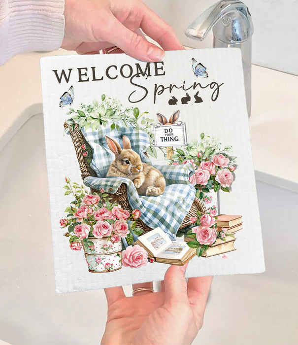 Welcome Spring Bunny Flowers Swedish Dishcloth