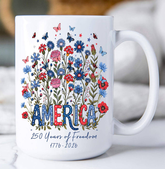 Patriotic Flowers 250 Anniversary America Coffee Mug