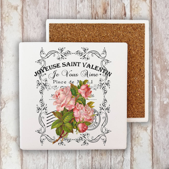 French Vintage Valentine Roses  Stone Coaster