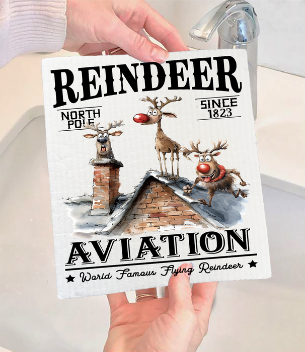 Christmas Reindeer Aviation Flying Swedish Dishcloth
