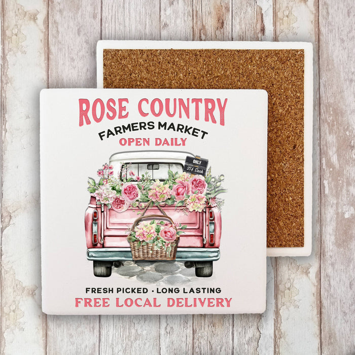 Country Rose Pink Pick Up Truck Stone Coaster