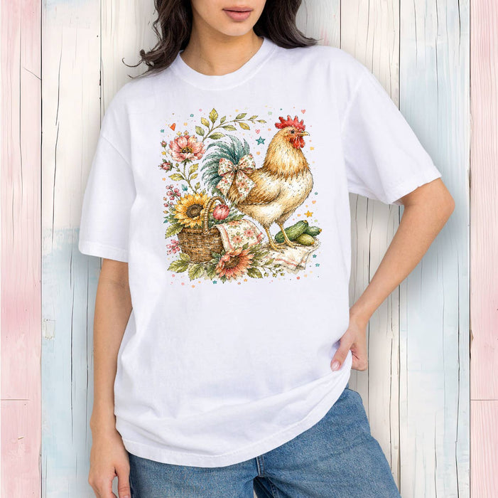 Whimsical Country Hen Flowers T-Shirt