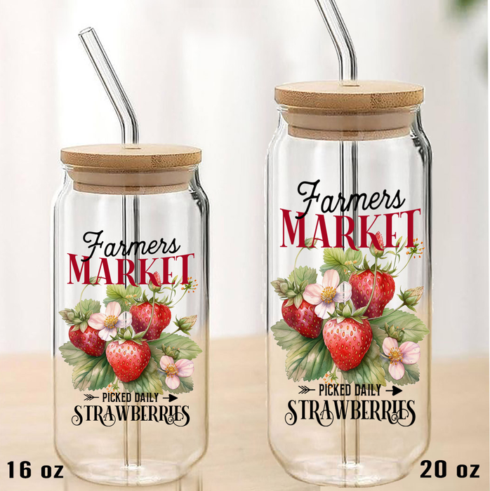 Farmers Market Strawberry Can Glass with Lid Straw