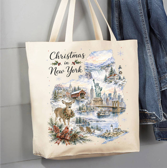 Christmas in New York State Map Canvas Tote Bag