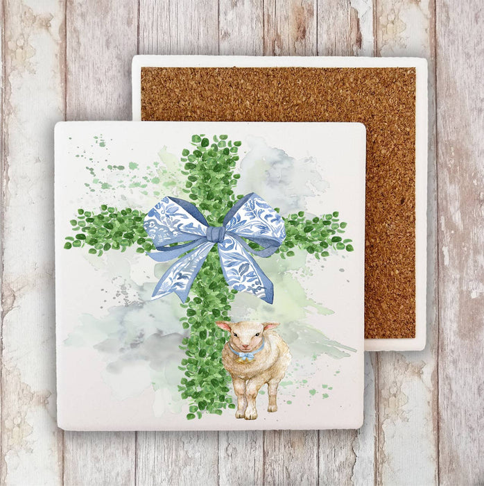 Easter Boxwood Cross Lamb Spiritual Stone Coaster