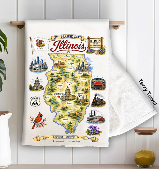 Illinois State Map Landmark Kitchen Terry Towel