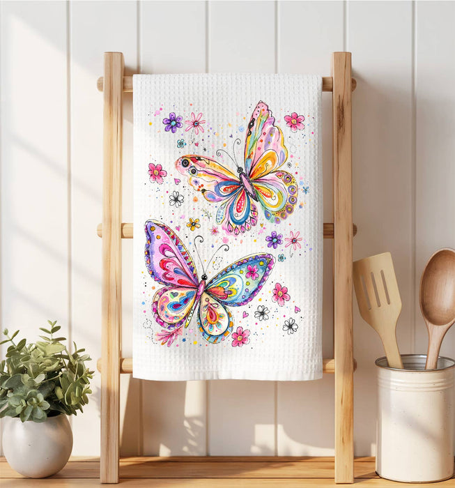 Whimsical Colorful Butterflies Waffle Weave Towel
