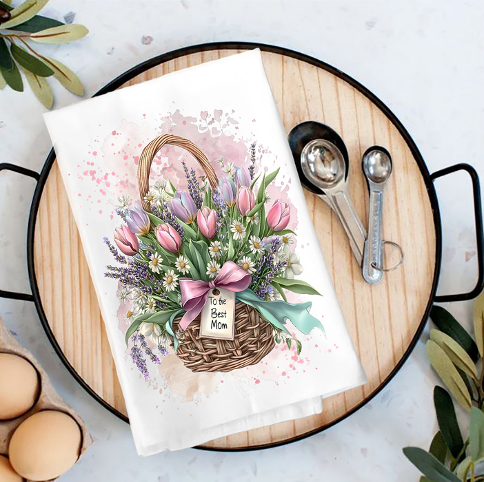 Mother's Day Basket Tulips Flowers Tea Towel