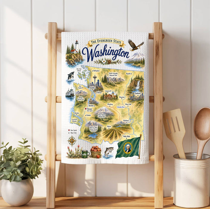 Washington State Map Landmark Waffle Weave Towel