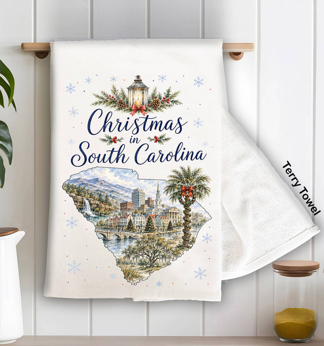 Christmas in South Carolina State Map Kitchen Terry Towel