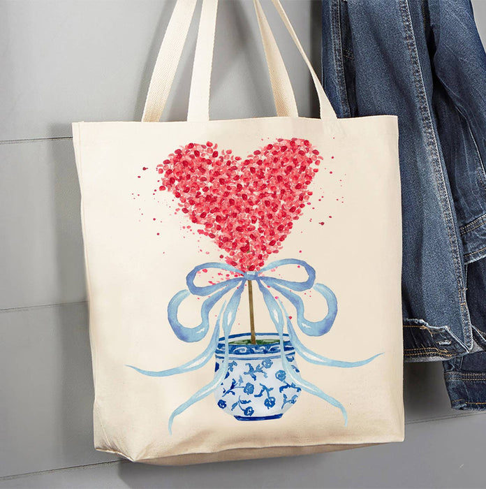 Chinoiserie Blue & White Hearts Topiary Canvas Tote Bag