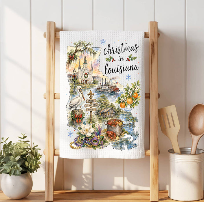 Christmas in Louisiana State Map Waffle Weave Towel