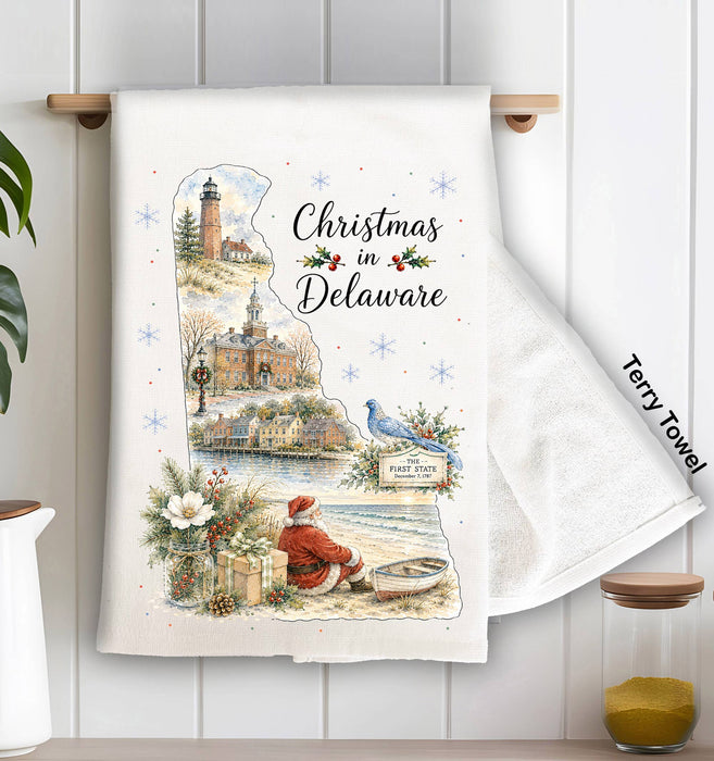 Christmas in Delaware State Map Kitchen Terry Towel