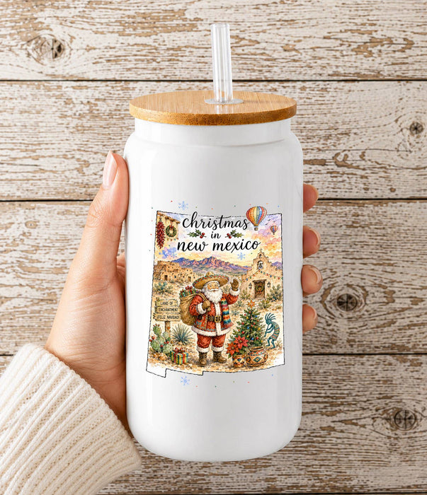 Christmas in New Mexico State Map Glass Cup