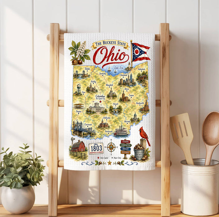 Ohio State Map Landmark Waffle Weave Towel