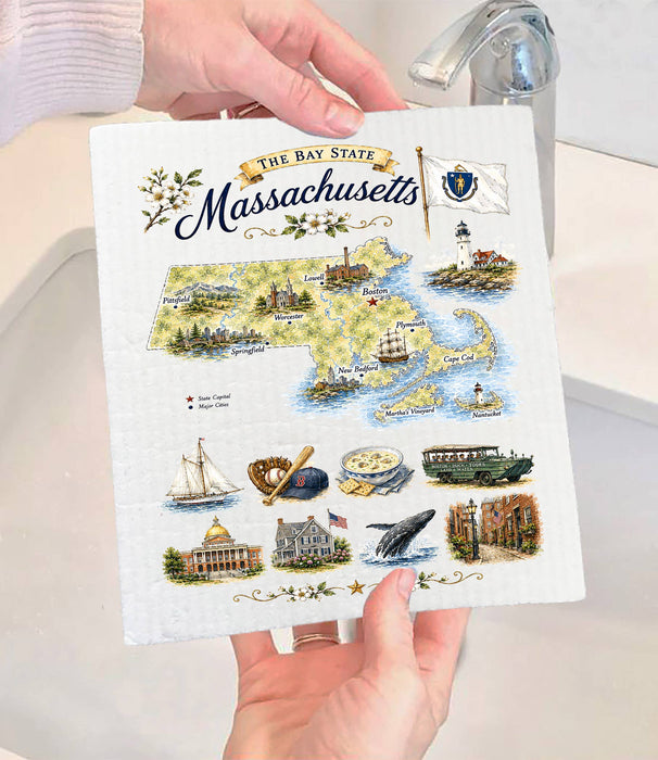 Massachusetts State Map Landmark Swedish Dishcloth