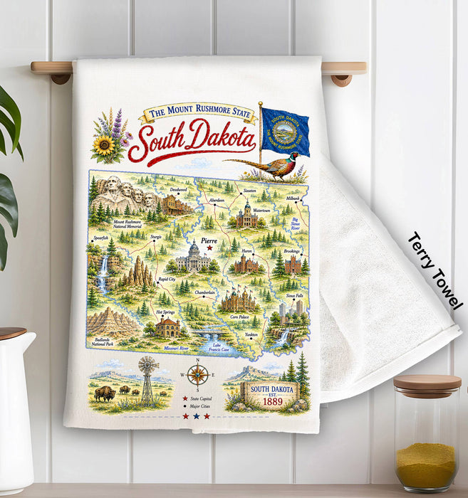 South Dakota State Map Landmark Kitchen Terry Towel