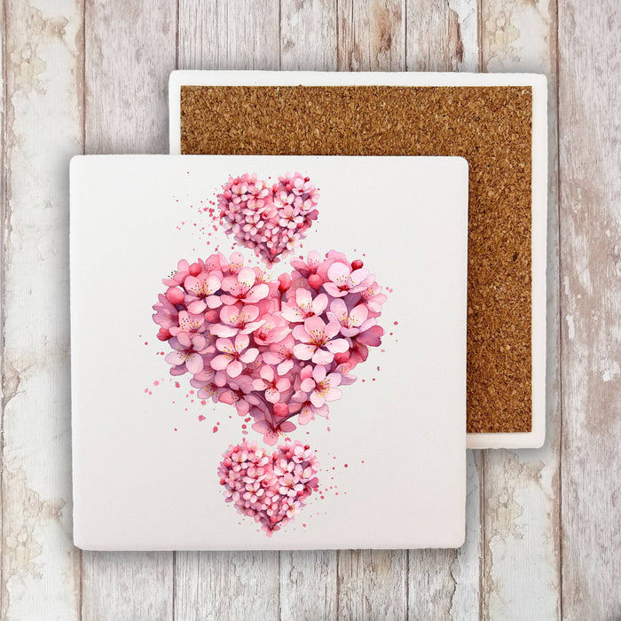 Valentine Pink Blossoms Flower Heart Stone Coaster