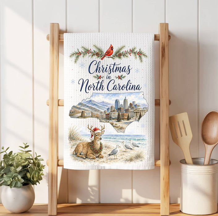 Christmas in North Carolina State Map Waffle Weave Towel