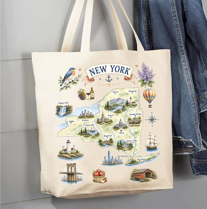 New York State Map Landmark Canvas Tote Bag