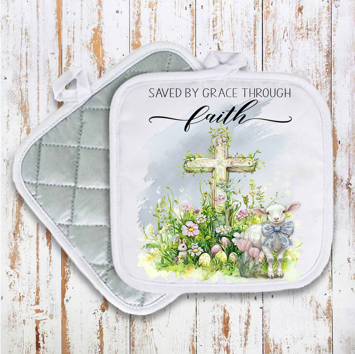 Saved by Grace Easter Lamb Cross Pot Holder Oven Mitt