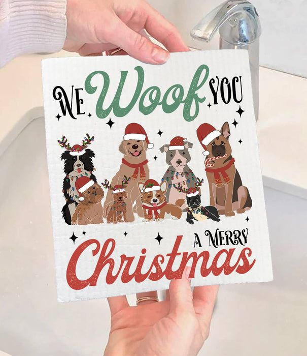 We Woof You Merry Christmas Dogs Swedish Dishcloth