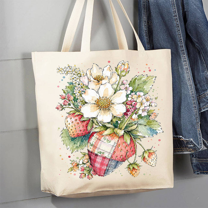 Watercolor Quilted Strawberry Canvas Tote Bag
