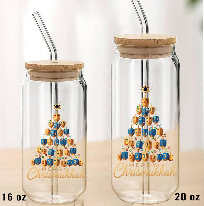 Merry Chrismukkah Dreidel Tree Can Glass with Lid Straw
