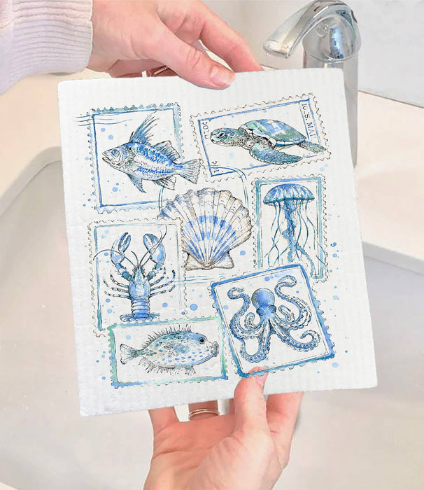 Coastal Blue Ocean Vintage Stamps Swedish Dishcloth