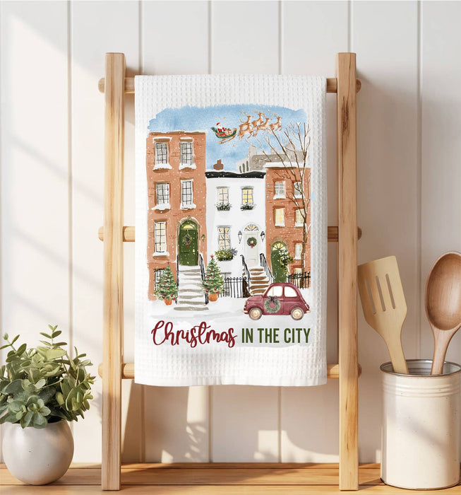 Christmas in the City Houses Waffle Weave Towel
