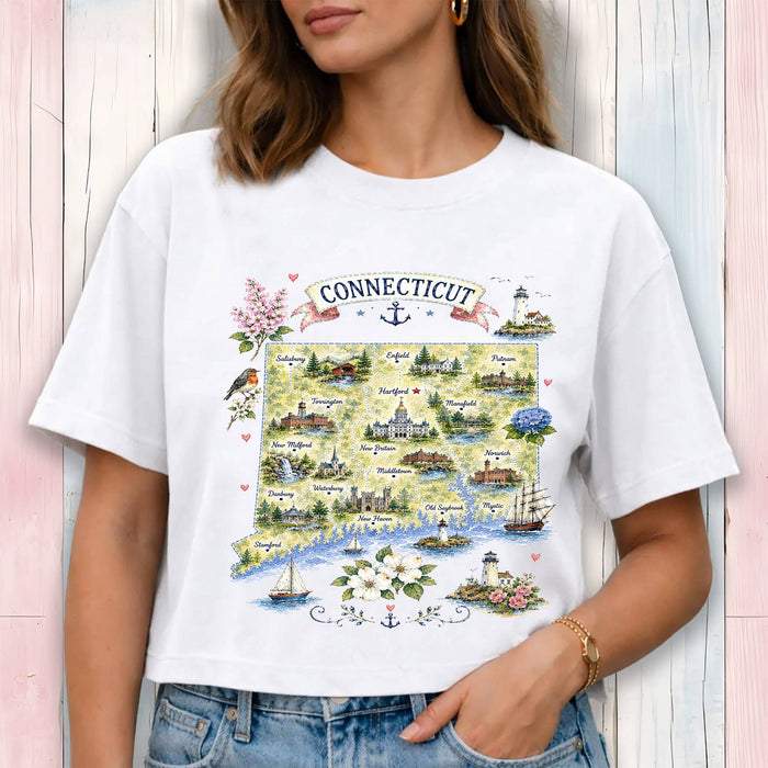 Connecticut State Map Landmark Cropped T-Shirt