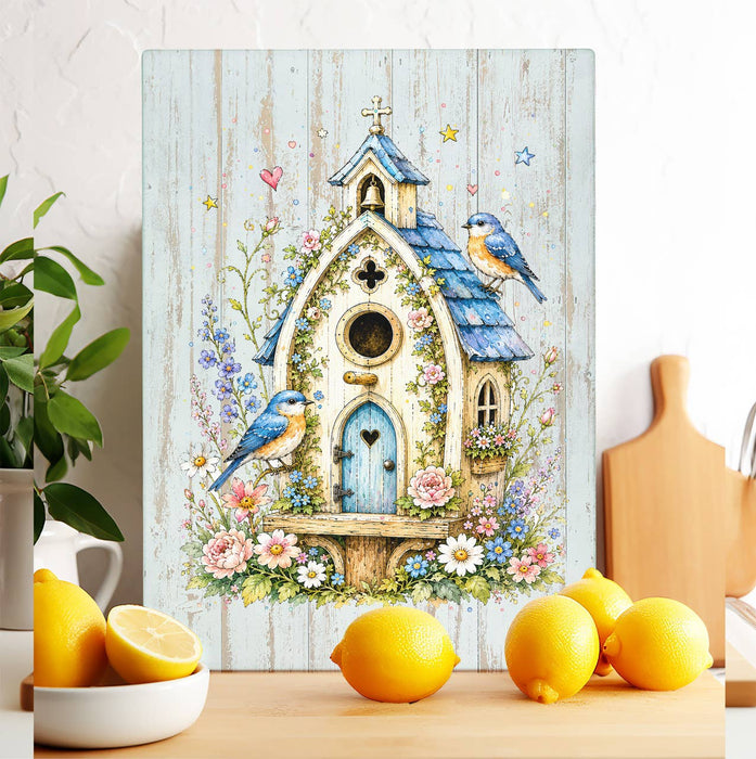 Watercolor Birdhouse Blue Flowers Glass Cutting Board