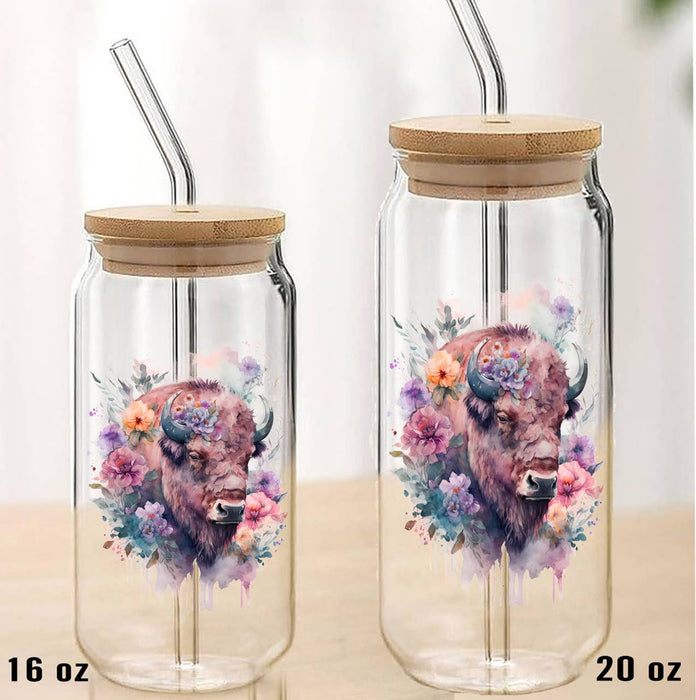 Buffalo Floral Colorful Watercolor Can Glass with Lid Straw