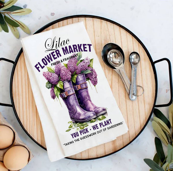 Lilac Flower Market Garden Boots Flour Sack Tea Towel