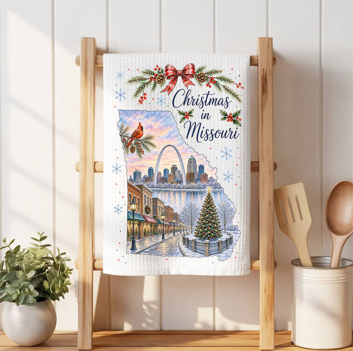 Christmas in Missouri State Map Waffle Weave Towel