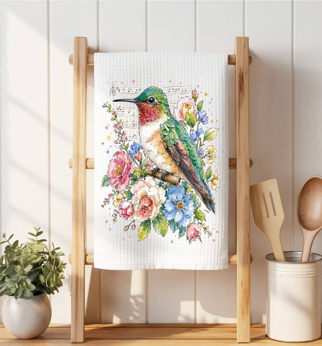 Spring Flowers Hummingbirds Musical Waffle Weave Towel