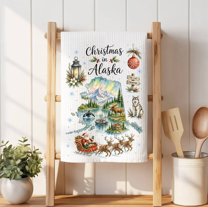 Christmas in Alaska State Map Waffle Weave Towel