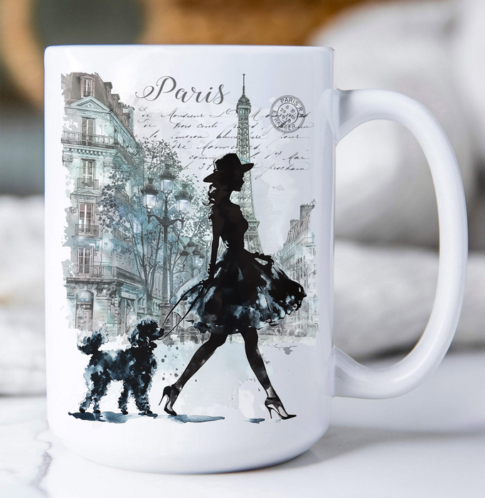 Paris French Girl Walking Dog Coffee Mug