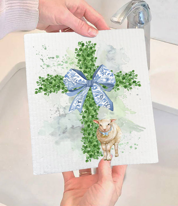 Easter Boxwood Cross Lamb Spiritual Swedish Dishcloth