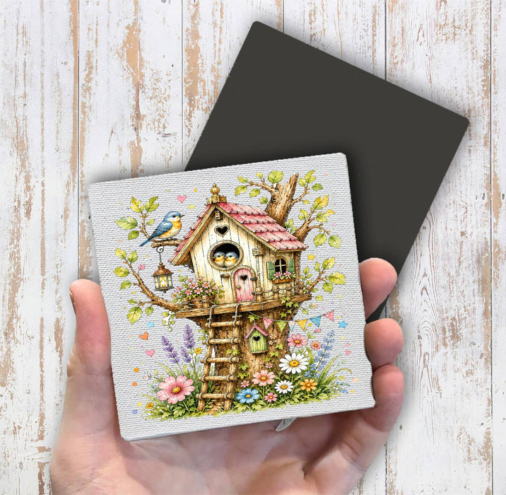 Spring Birds in Birdhouse Flowers Magnet Fridge