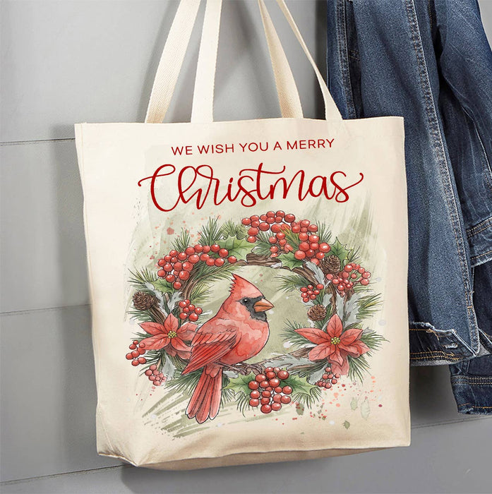 Christmas red Cardinak Wreath Canvas Tote Bag