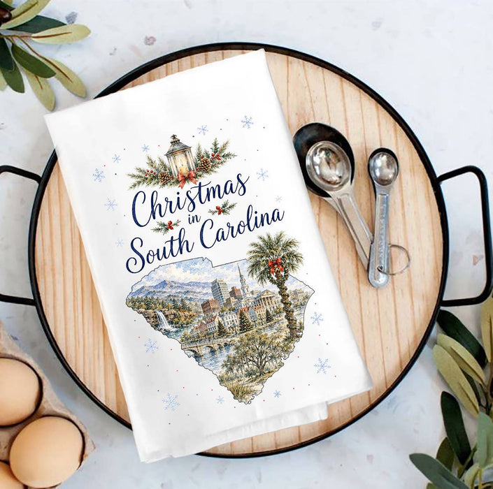 Christmas in South Carolina State Map Tea Towel