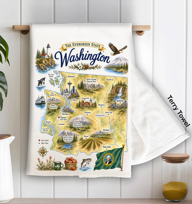 Washington State Map Landmark Kitchen Terry Towel